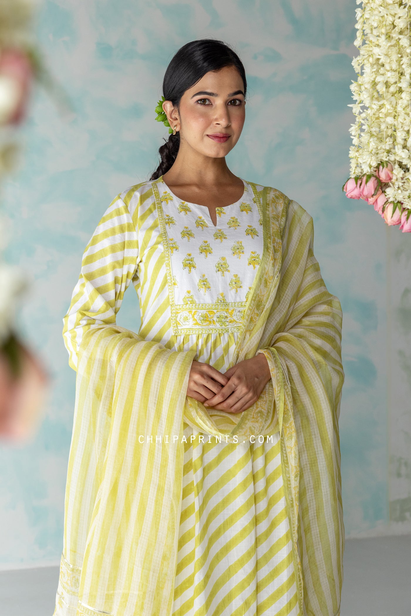 Cotton Hand Block Stripes Print Kurta Set in Lime Green