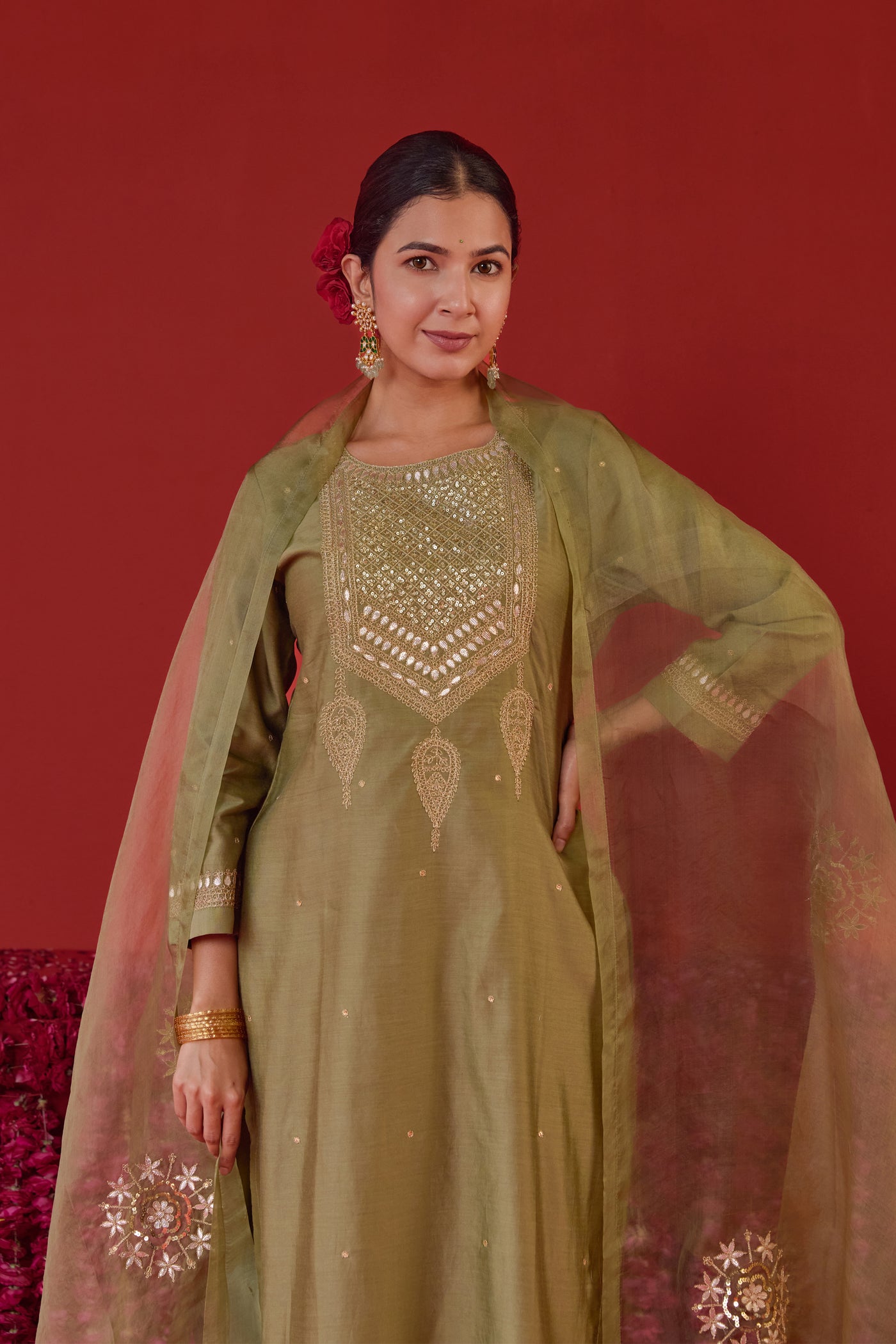 Chanderi Silk Aari Embroidery & Gota Patti Kurta Set in Sage Green