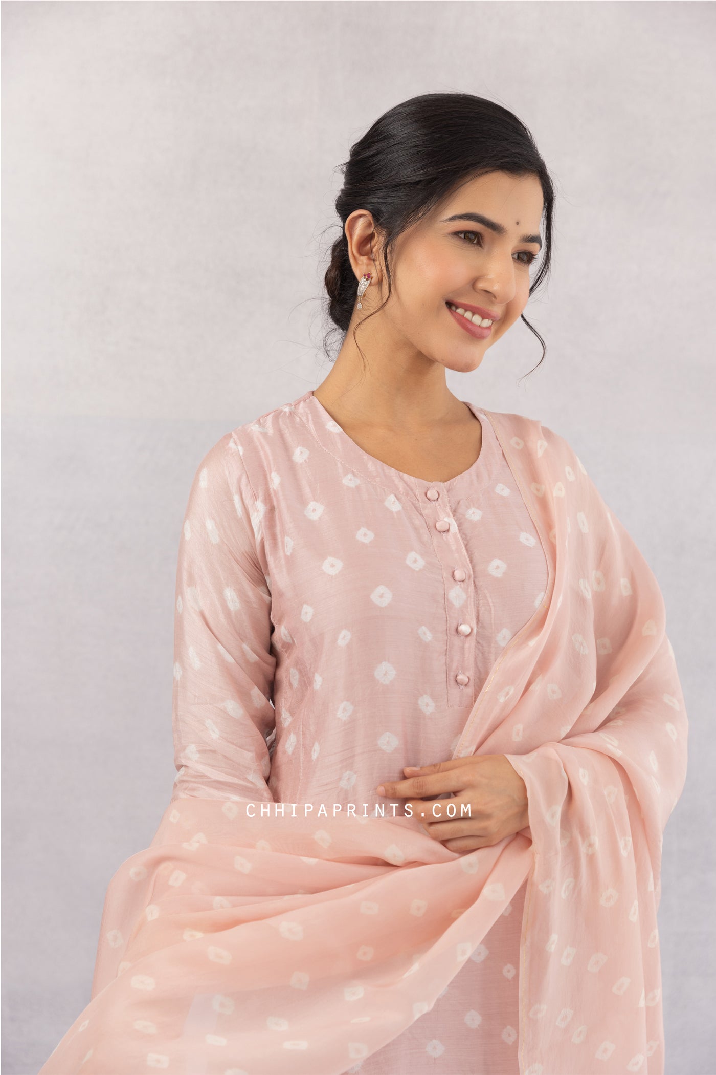 COTTON SILK BANDHANI KURTA SET IN ROSE QUARTZ