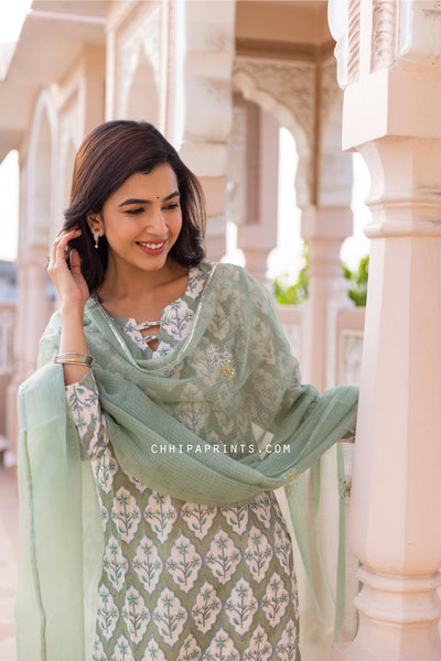 Cotton Chokdi Buta Suit Set from Aarna Collection in Oil Green