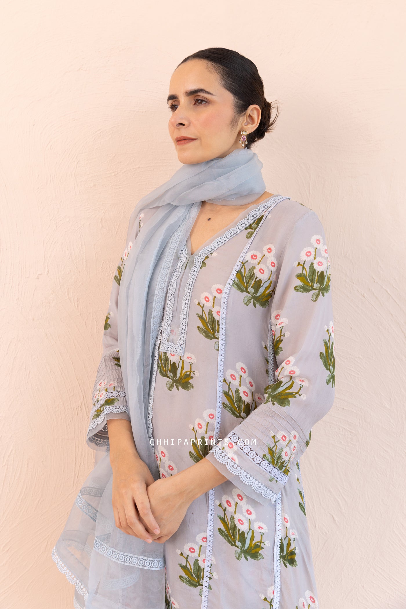 Organza Satin Printed Buta A line Kurta Set in Baby Blue