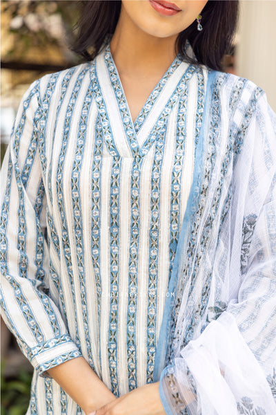 Cotton Block Print Parcha Border Kurta Set in Shades of Blue