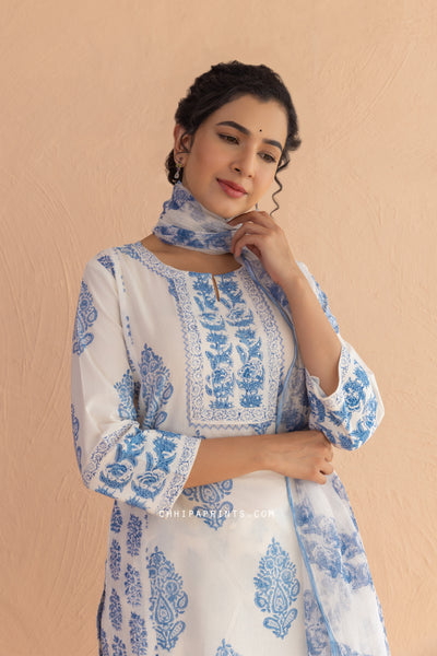 Cotton Block Print Buta & Buti Kurta Set in Powder Blue