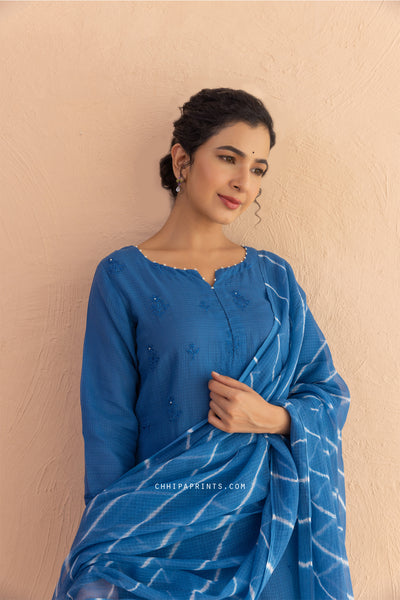 Kota Doria Embroidery Buti Suit Set in Mykonos Blue