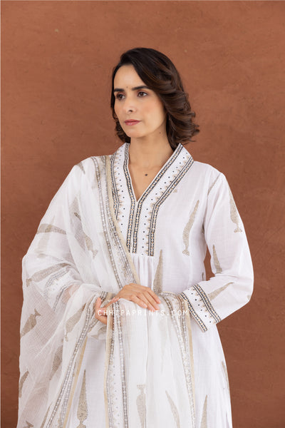 Cotton Block Print Mughal Buta Kurta Set in Mushroom Grey