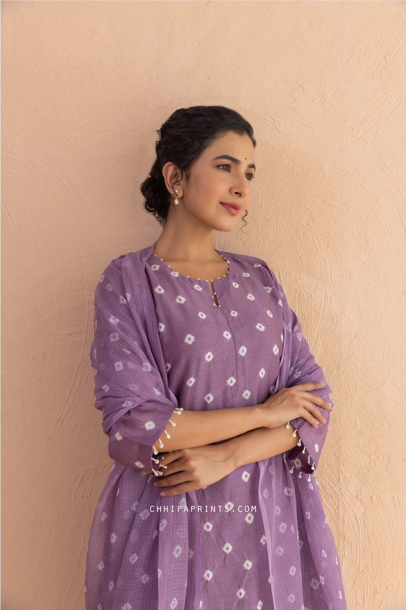 Chanderi Silk Bandhani Kurta Set in Purple Haze (Set of 4)