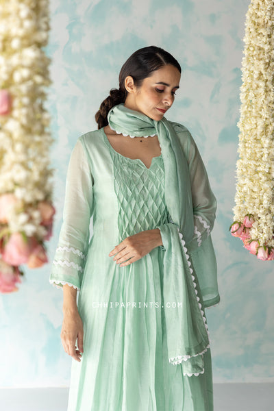 CHANDERI SILK SMOCKING KURTA SET IN Shades of MINT GREEN