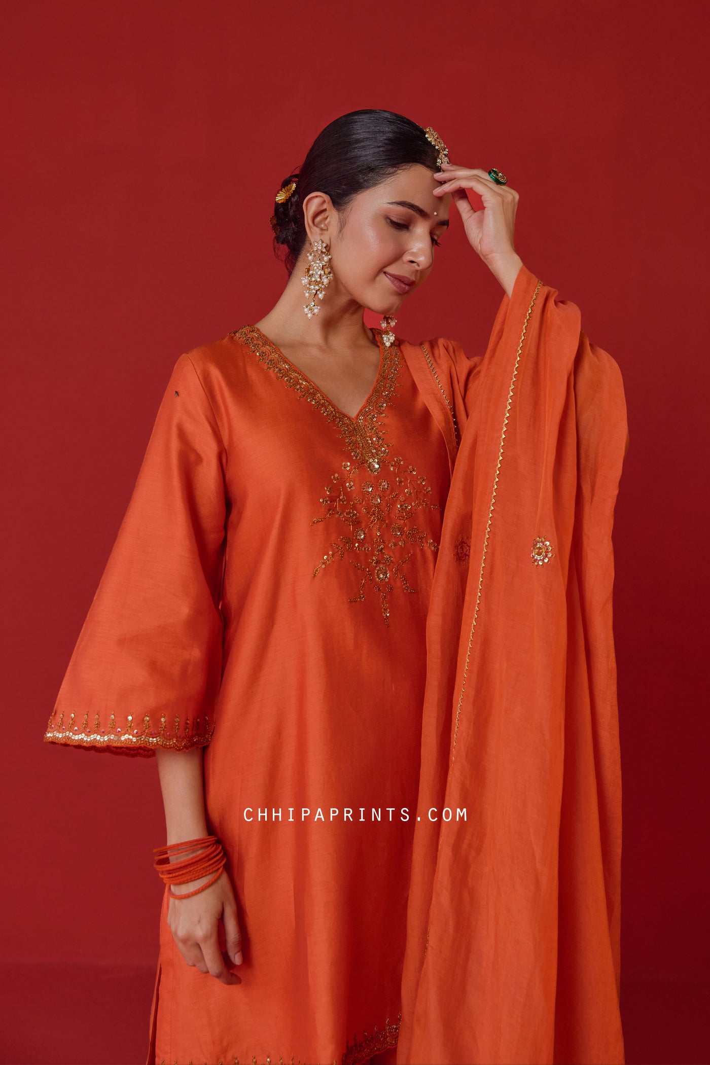 Chanderi Silk Marodi Embroidery Kurta Set in Gold Flame