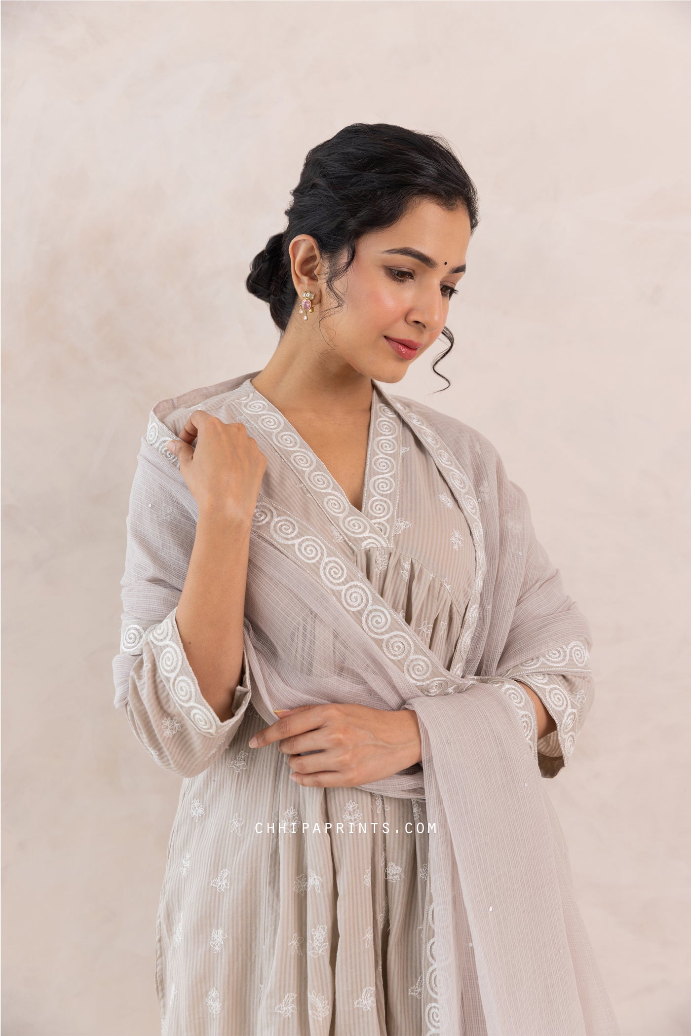 Cotton Multi Buti Embroidered Kurta Set in Mushroom Grey