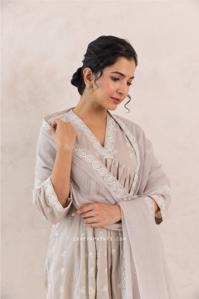 Cotton Multi Buti Embroidered Kurta Set in Mushroom Grey