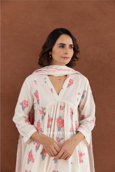 Cotton Rose Flower Embroidery Kurta Set in Shades of Ivory & Pink