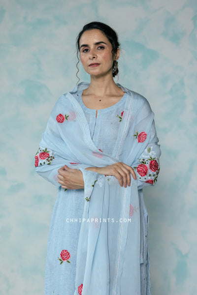 Linen Rose Buta Motif Embroidery Kurta Set in Powder Blue