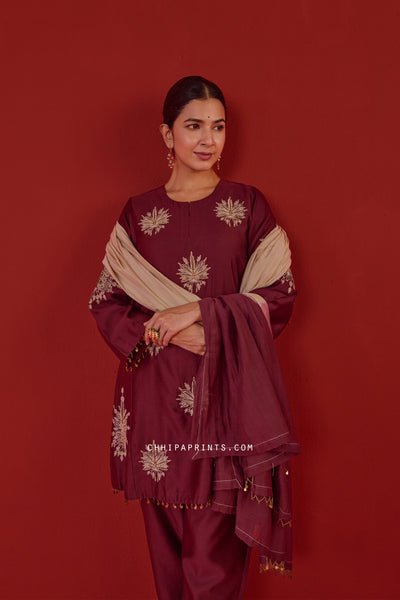 Chanderi Silk Hand Aari Embroidery Kurta Set in Burgundy