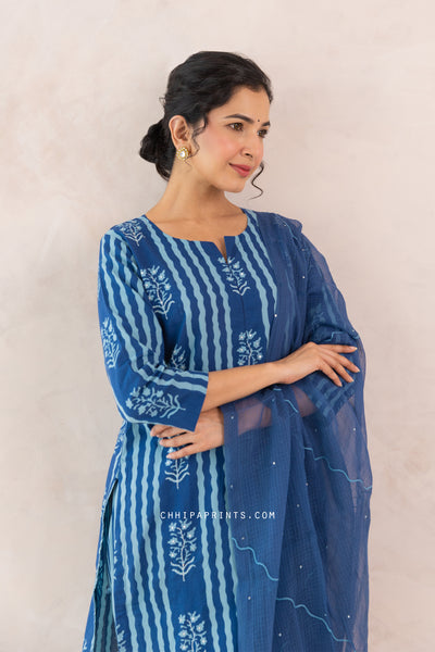 Cotton Buta Stripe Panel Print Kuta Set in Shades of Blue