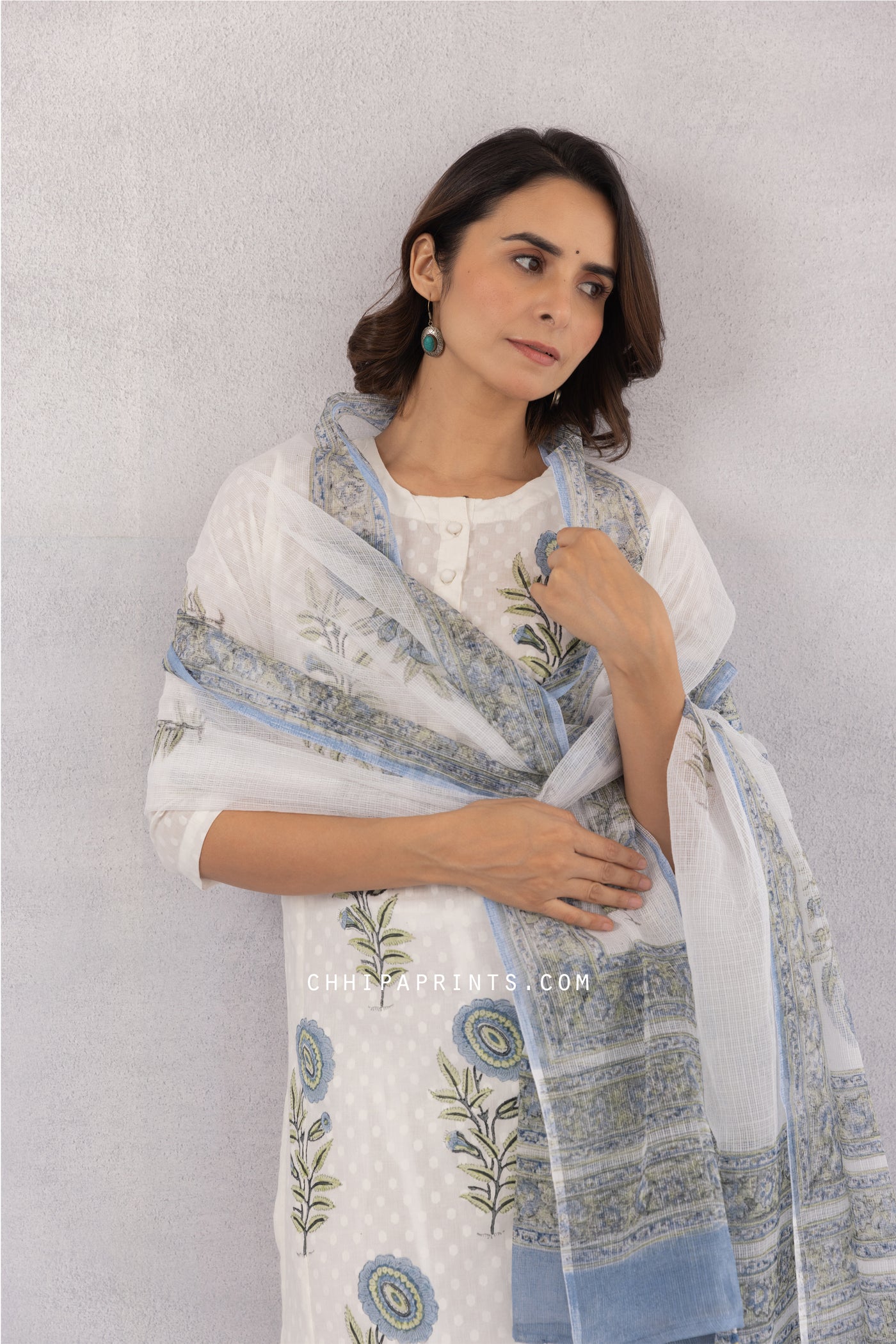 Cotton Dobby Block Print Boota Kurta Set in Powder Blue