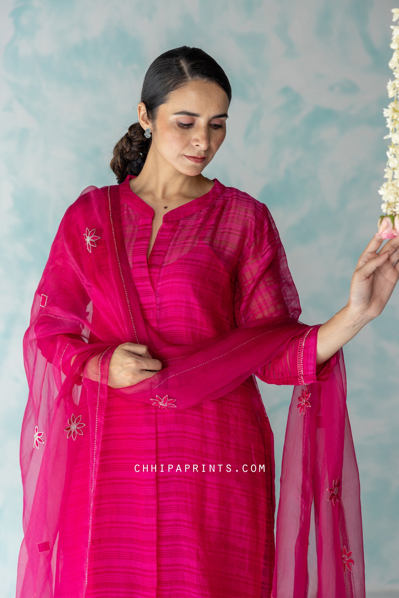 Chanderi SIlk Checks Hand Embroidered Kurta Set in Rani Pink