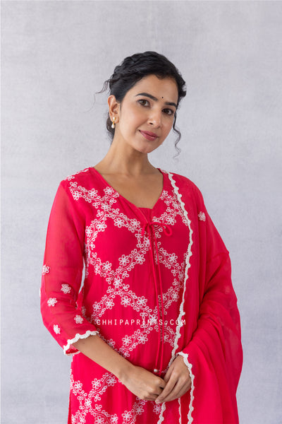 Organza Jaal Embroidery Kurta Set in Virtual Pink