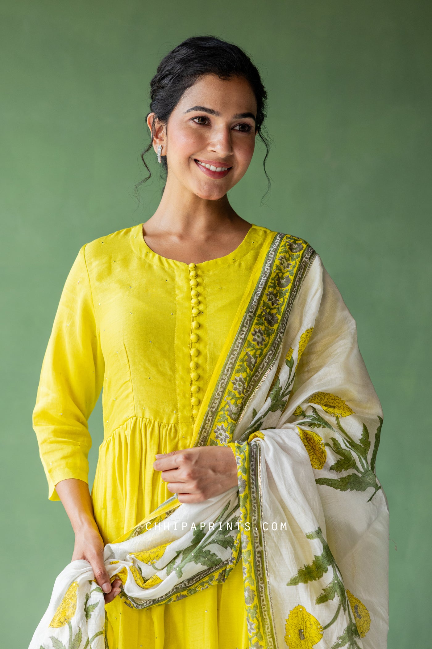 Chanderi Silk Plain Dye Gather Kurta Set in Solar Power Yellow