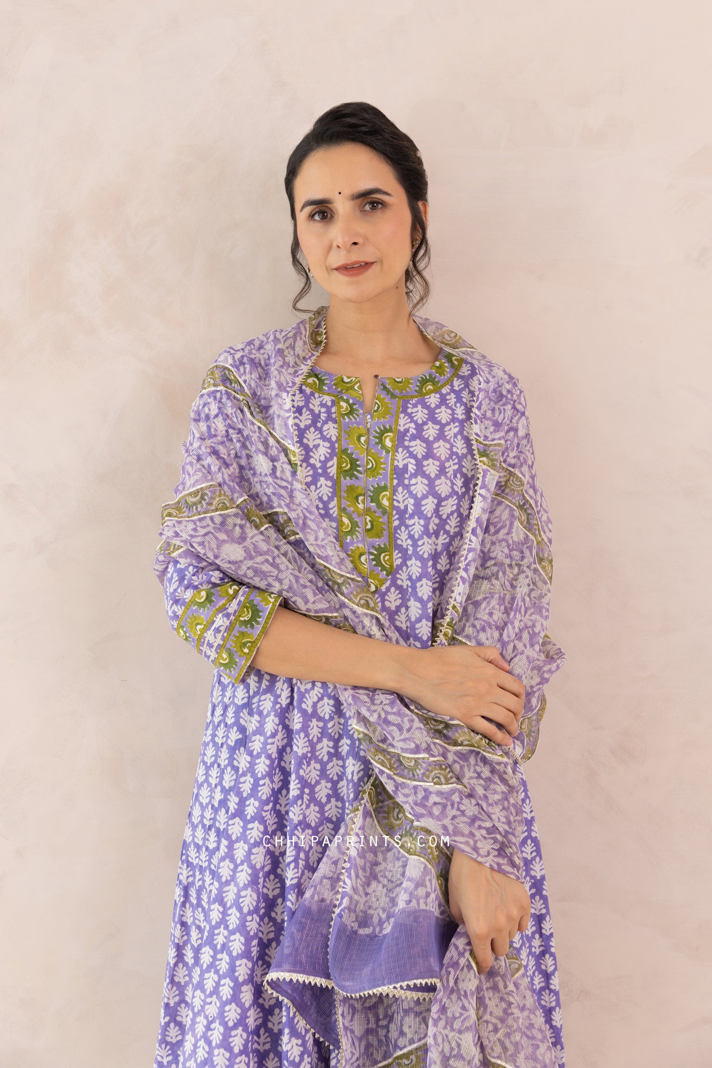 Cotton Block Print Gud Buti Anarkali Kurta Set in Lilac