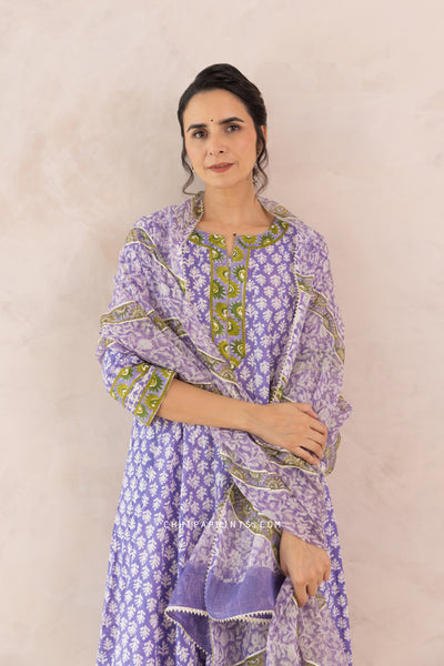 Cotton Block Print Gud Buti Anarkali Kurta Set in Lilac