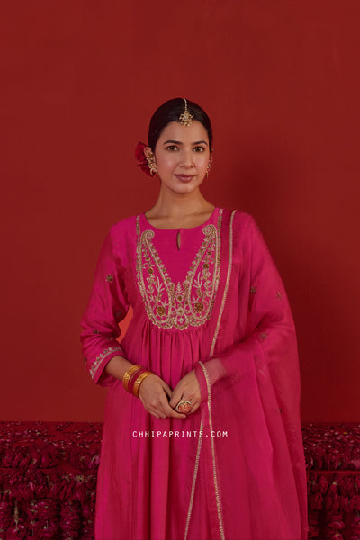 Chanderi Silk Paisley Embroidered Yoke Kurta Set in Hot Pink