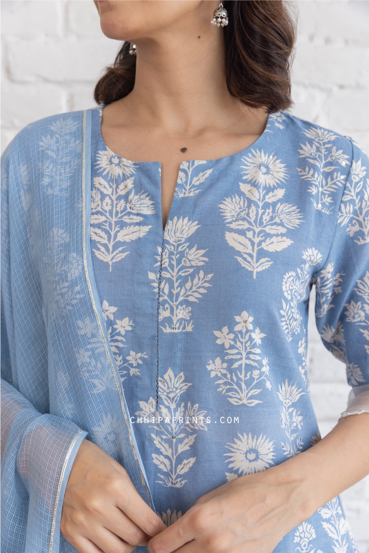 Cotton Mughal Buta Print Kurta Set in Powder Blue