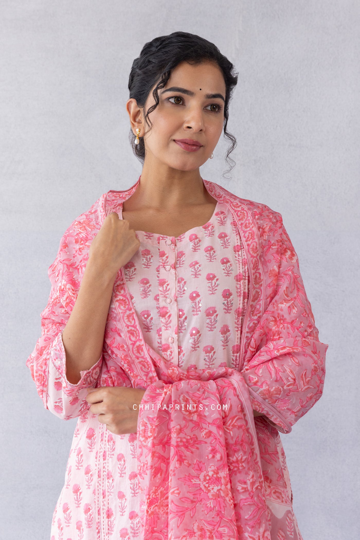 Cotton Block Print Gud Buti Kurta Set in Baby Pink