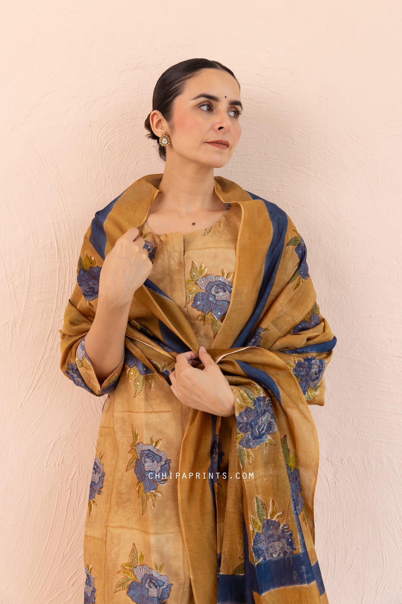 Chanderi Silk Block Print Gud Buta Kurta Set in Bronze Mist