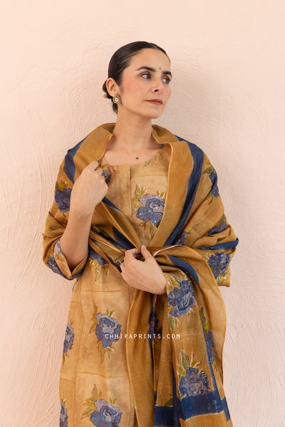 Chanderi Silk Block Print Gud Buta Kurta Set in Bronze Mist