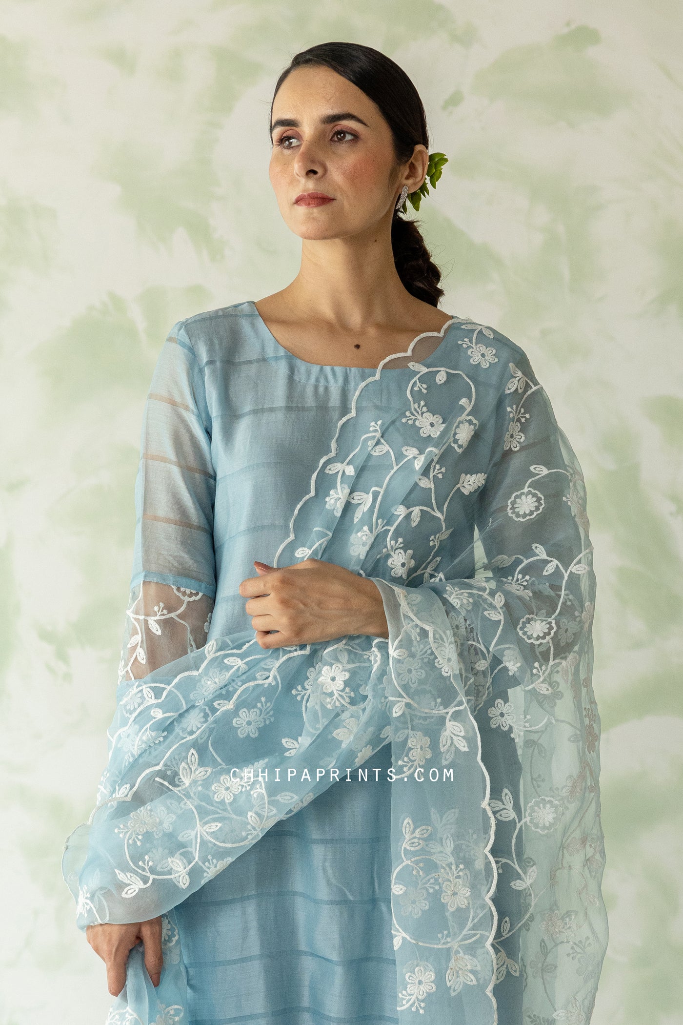 Chanderi Silk Stripe Kurta Set with Embroidery in Baby Blue