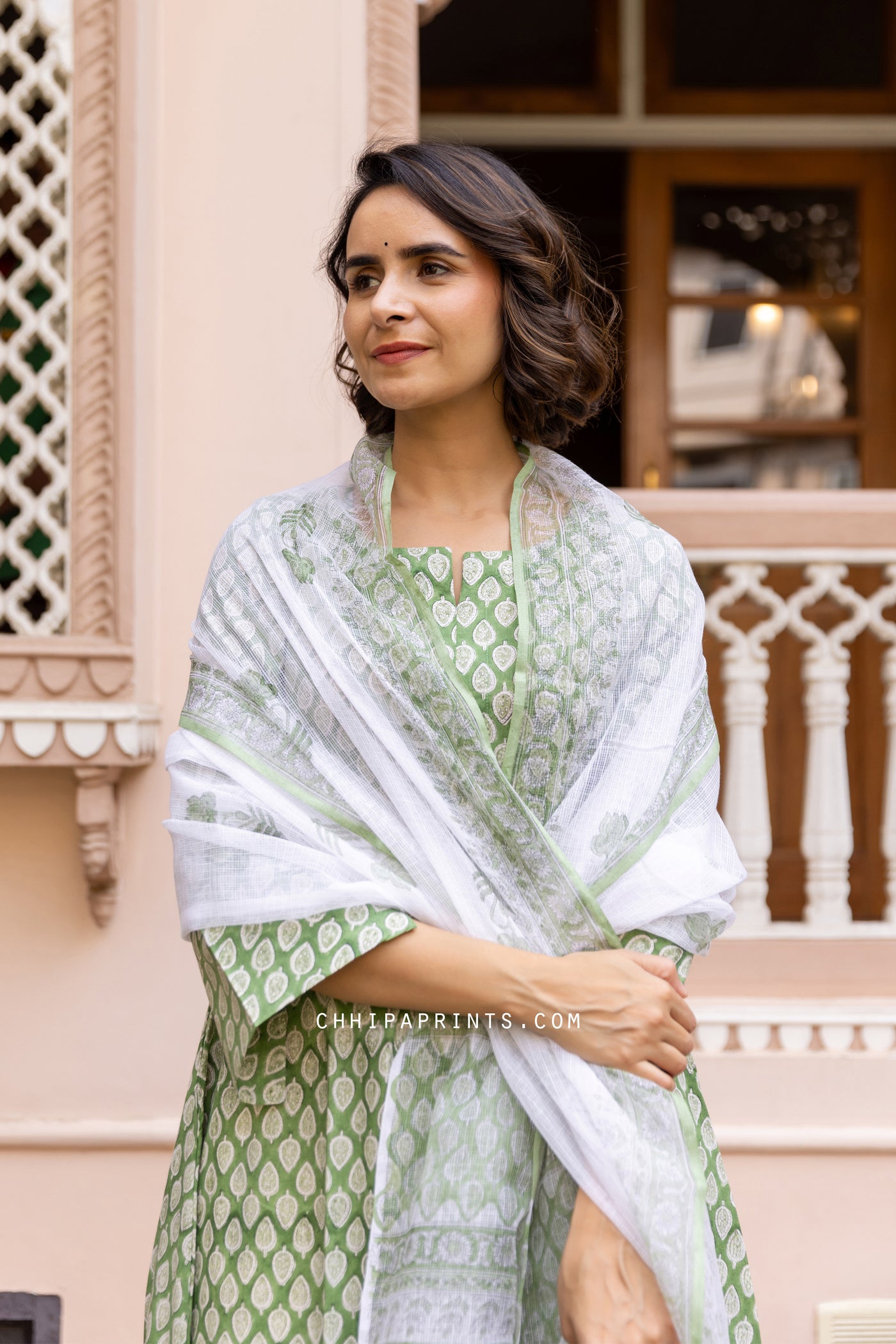 Cotton Block Print Gud Buti Kurta Set in Forest Green