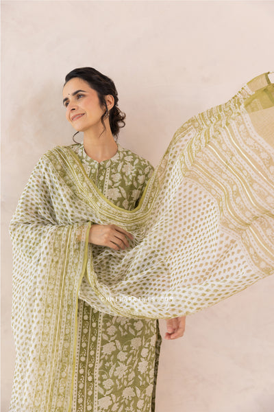 Chanderi Silk Block Print Jaal Kurta Set in Sage Green