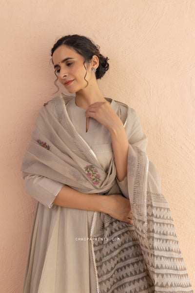 Cotton Block Print Matka Anarkali Kurta Set in Mushroom