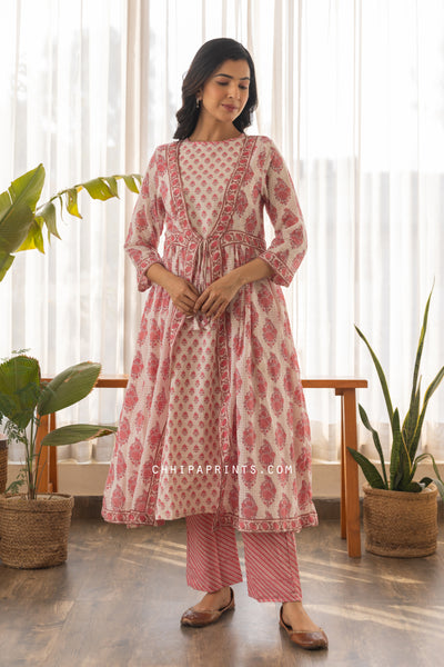 Cotton Mughal Bota Overlay Jacket with Inner and Pants Set in Dusty Rose