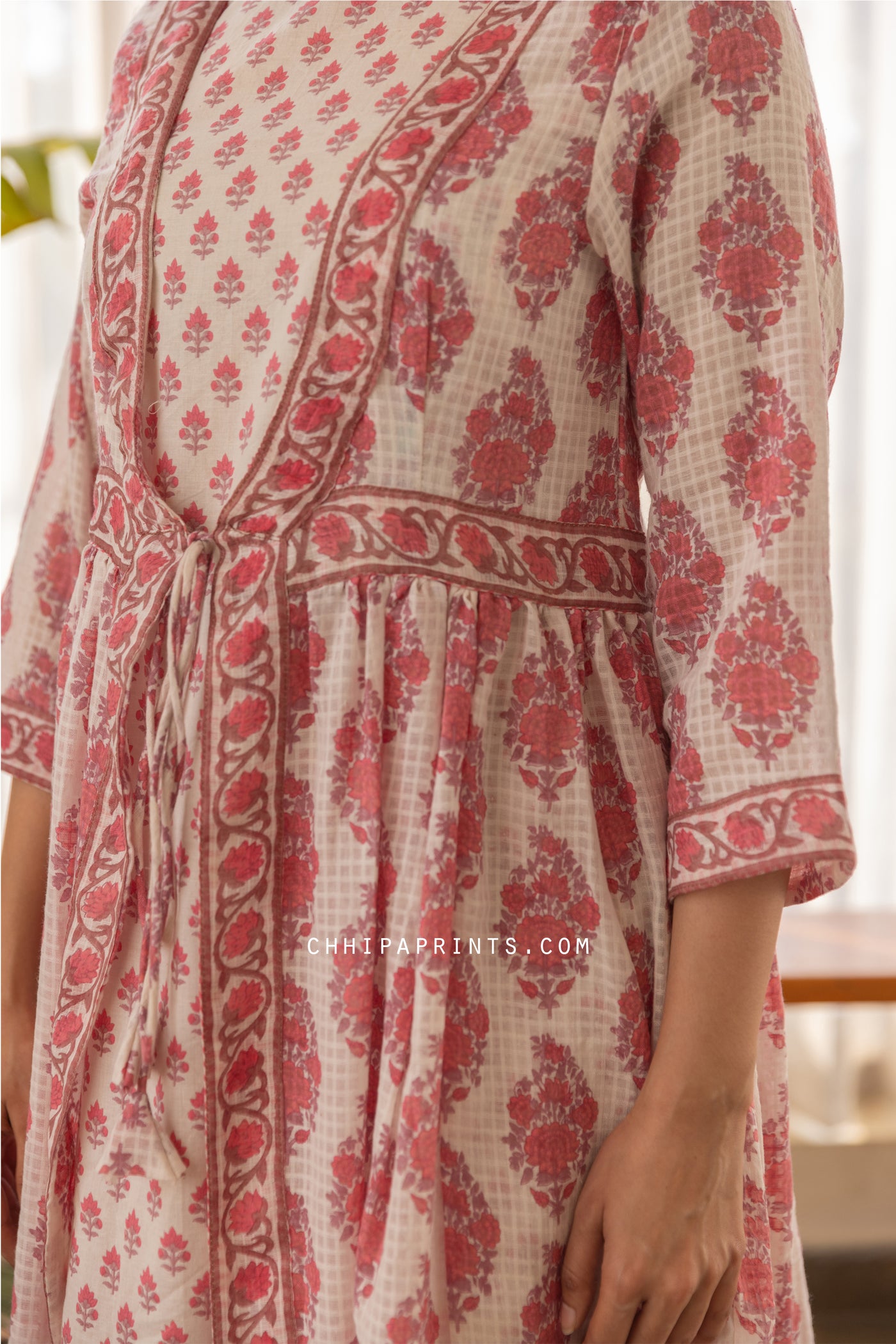 Cotton Mughal Bota Overlay Jacket with Inner and Pants Set in Dusty Rose