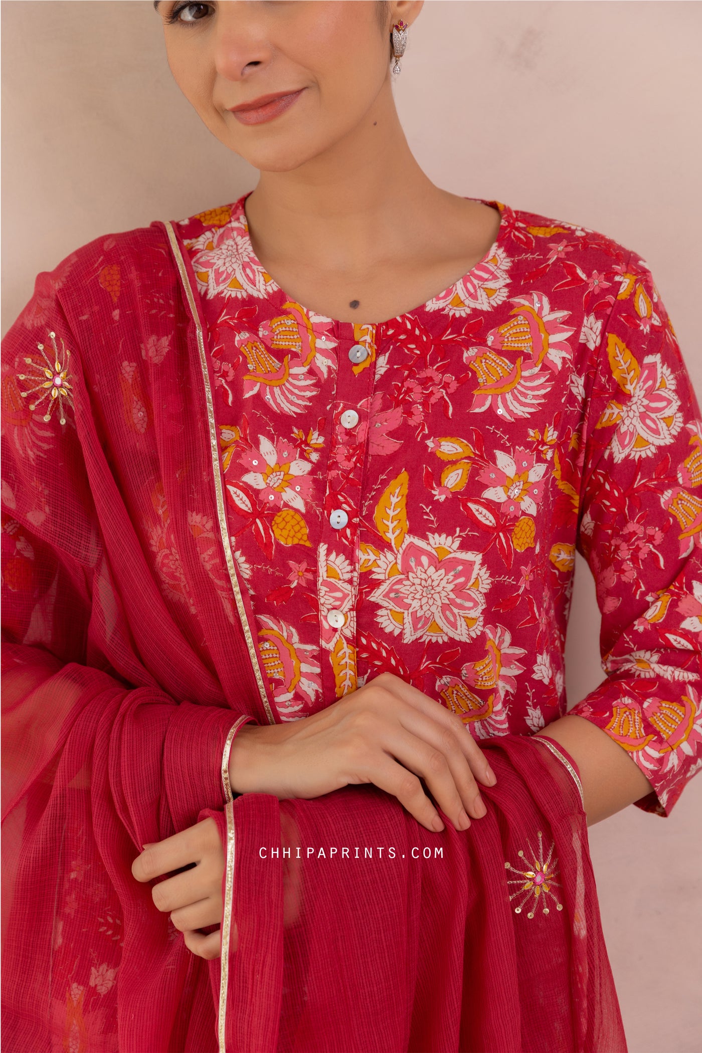 Cotton Mughal Jaal Print Kurta Set in Goji Berry Red