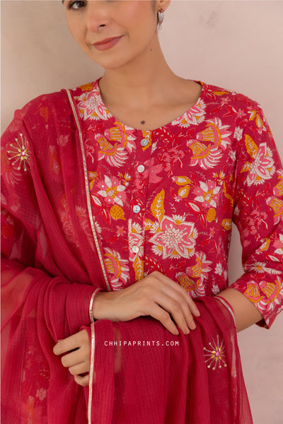 Cotton Mughal Jaal Print Kurta Set in Goji Berry Red