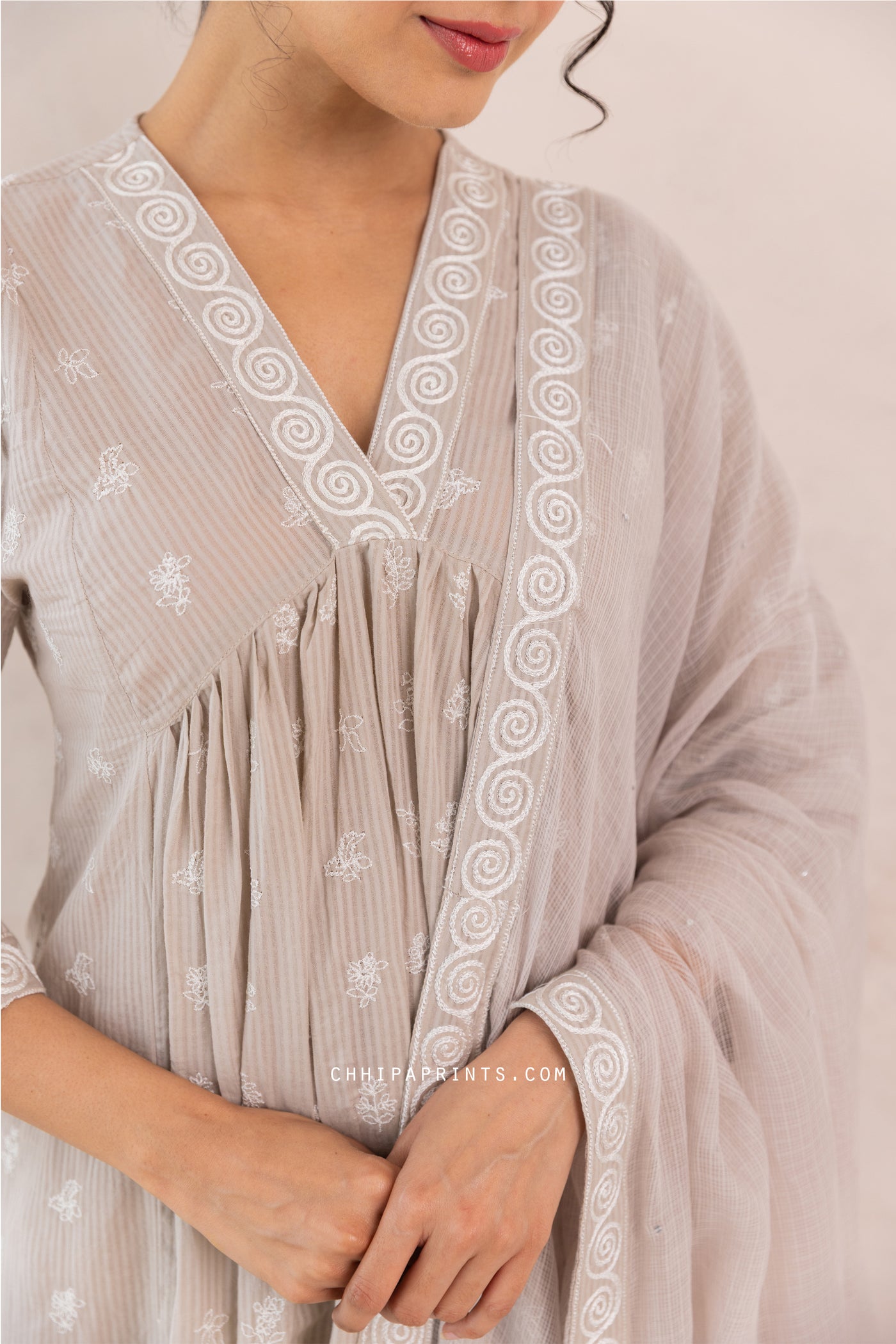 Cotton Multi Buti Embroidered Kurta Set in Mushroom Grey