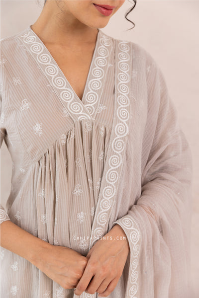 Cotton Multi Buti Embroidered Kurta Set in Mushroom Grey