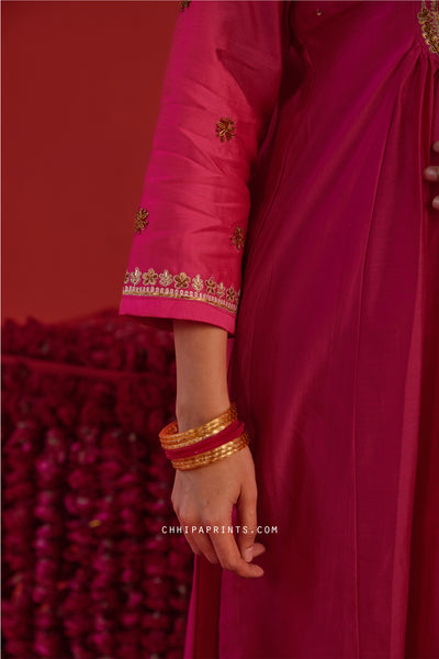 Chanderi Silk Paisley Embroidered Yoke Kurta Set in Hot Pink