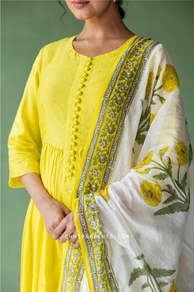 Chanderi Silk Plain Dye Gather Kurta Set in Solar Power Yellow