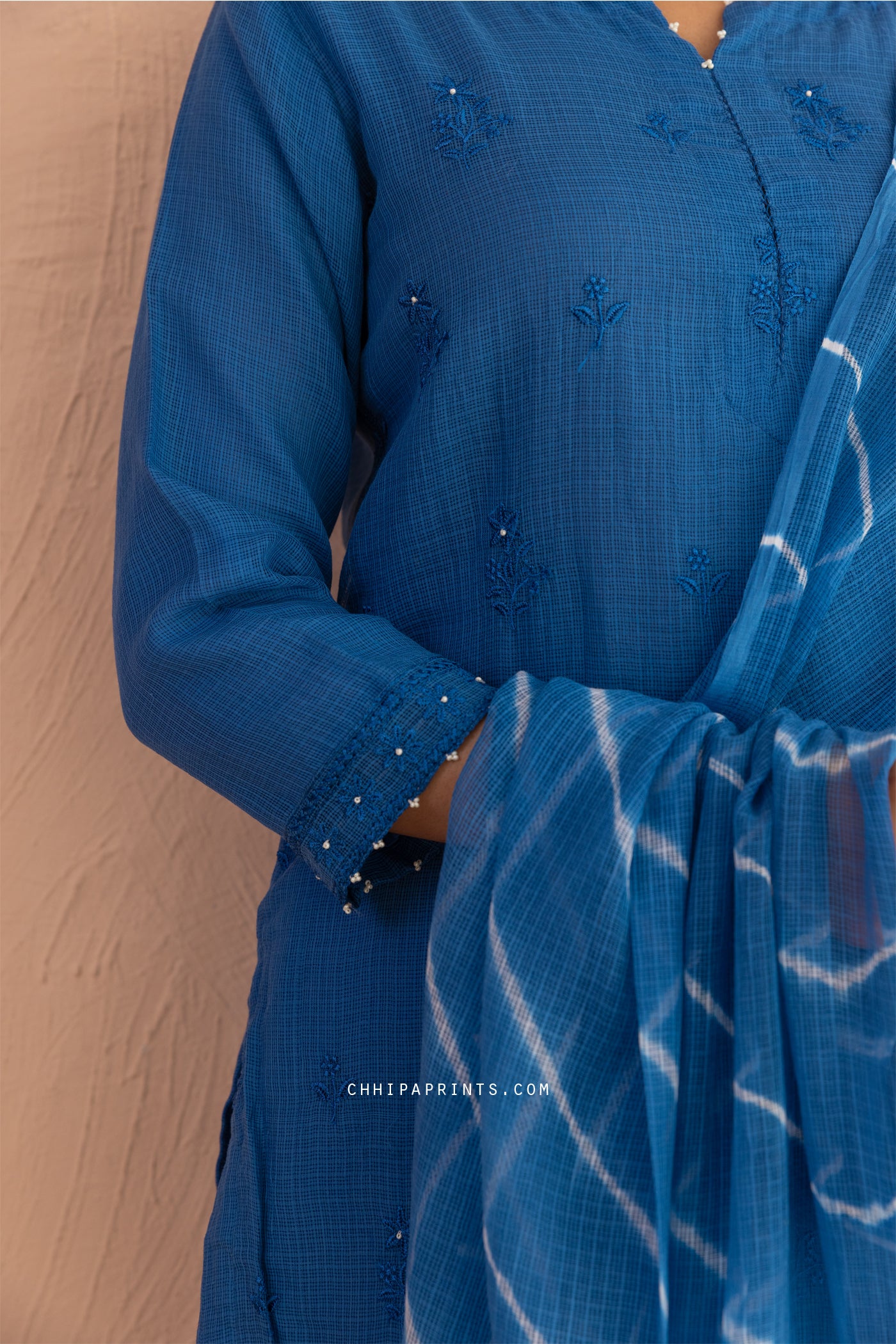 Kota Doria Embroidery Buti Suit Set in Mykonos Blue
