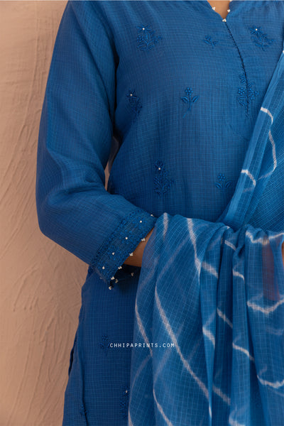 Kota Doria Embroidery Buti Suit Set in Mykonos Blue