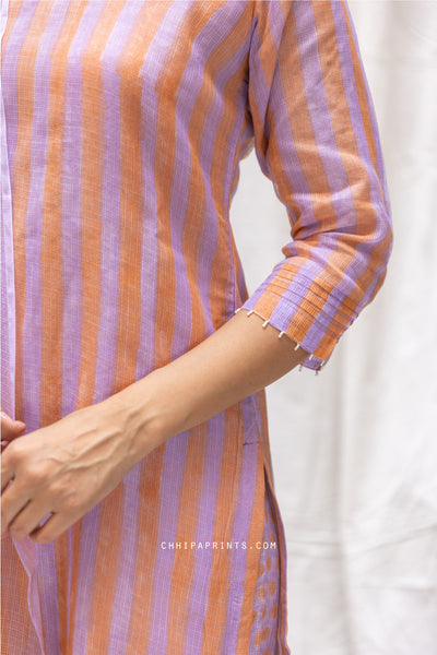 Kota Doria Stripe Block Print Kurta Set in Shades of Sweet Peach & Lavender