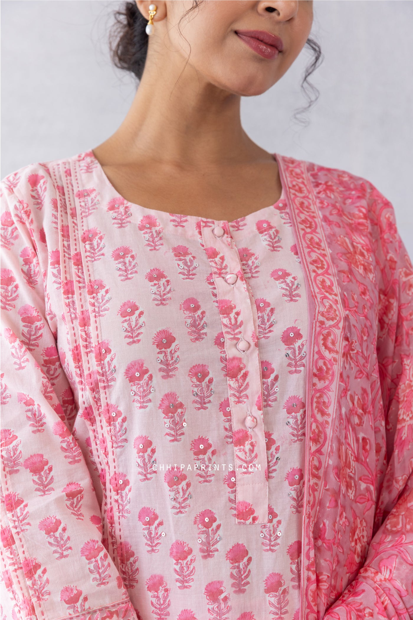 Cotton Block Print Gud Buti Kurta Set in Baby Pink