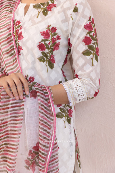 Chanderi Silk Dobby Block Print Chintz Kurta Set in Berry Red