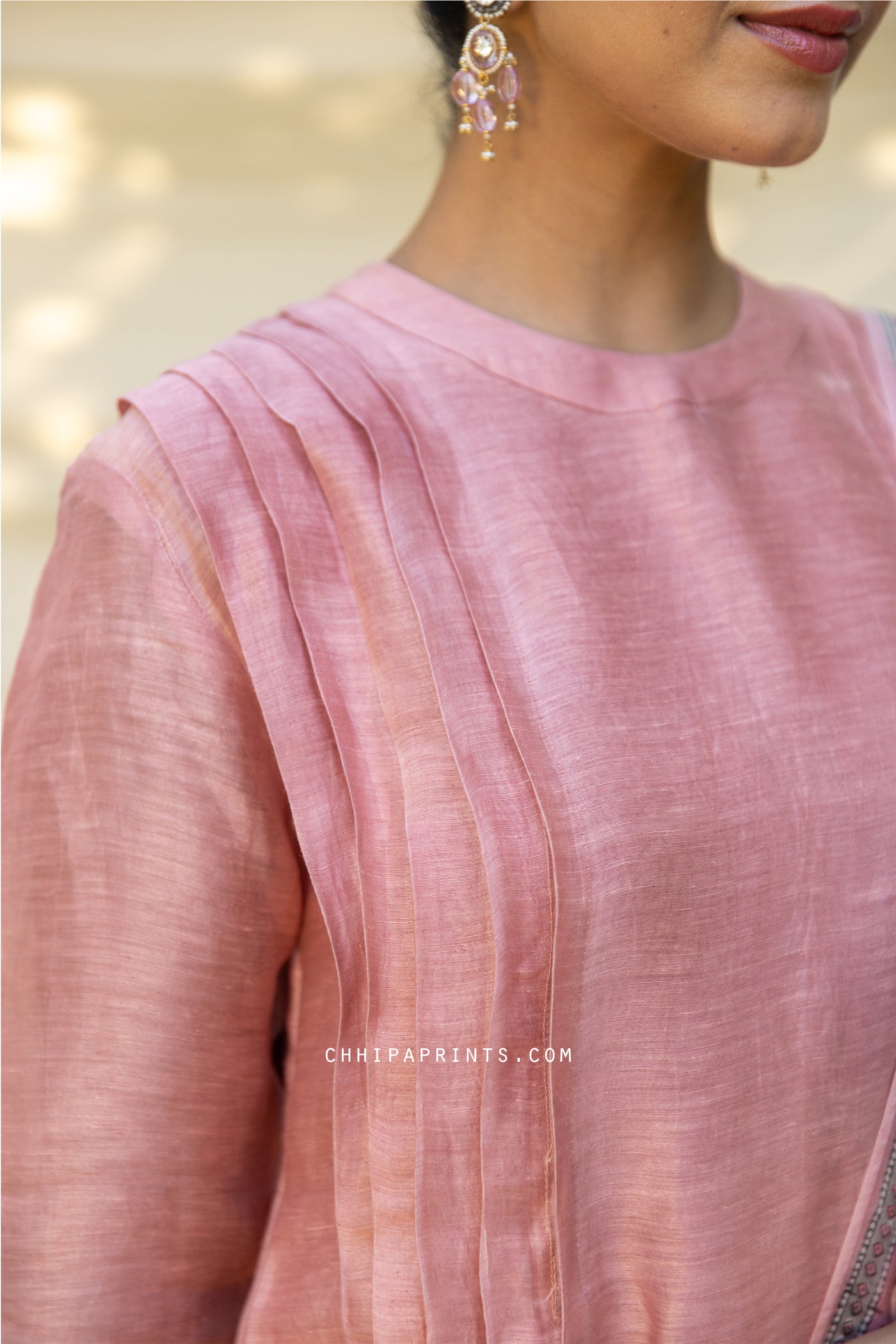 Satin Raw Silk Pleated A Line Kurta Set in Shades of Old Rose