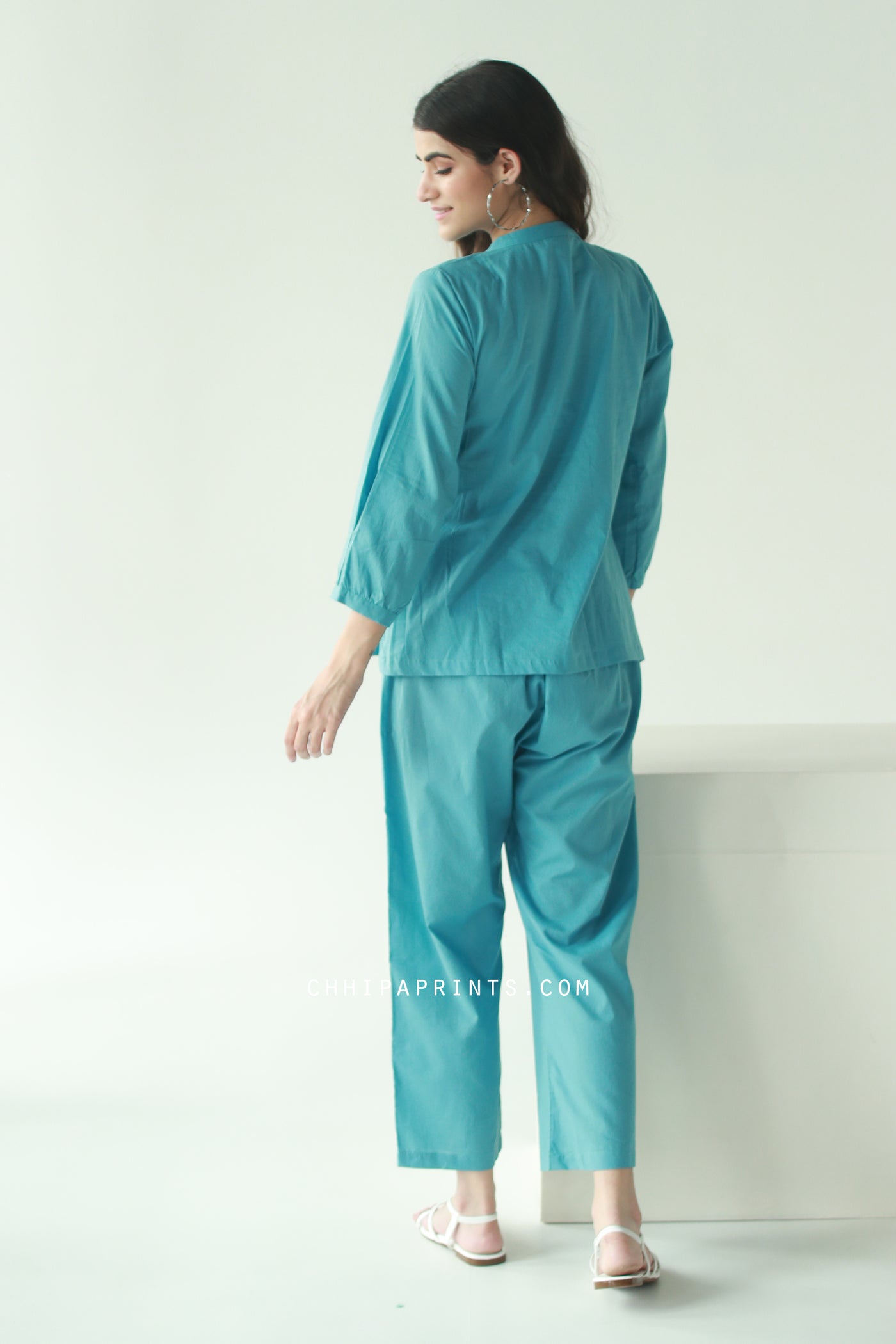 Cotton Tucks Co Ord Set in Teal Blue (Set of 2)