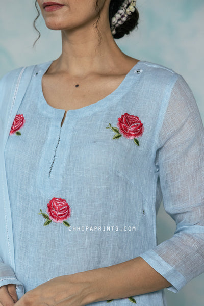 Linen Rose Buta Motif Embroidery Kurta Set in Powder Blue