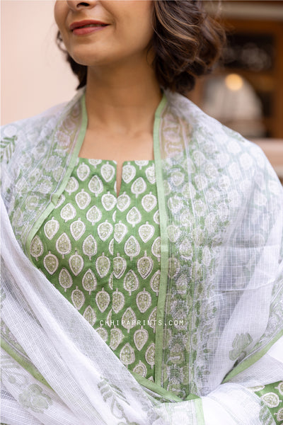 Cotton Block Print Gud Buti Kurta Set in Forest Green